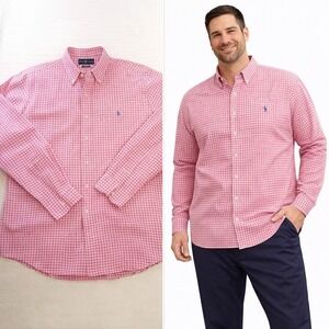 Ralph Lauren Mens XL Custom Fit Gingham Button Down Shirt Pink White Cotton